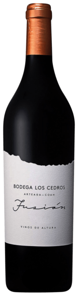 Bottle of Bodega Los Cedros Fusion wine with a black label.