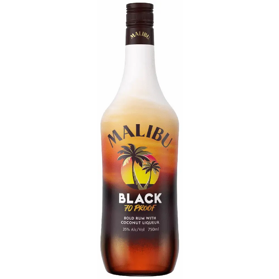 Malibu Coconut Flavored Rum Black 70 1.75 L bottle with tropical coconut and vanilla flavors