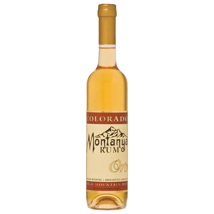 Montanya Aged Rum Oro 80 750 ML bottle with golden amber rum and rich caramel and vanilla notes