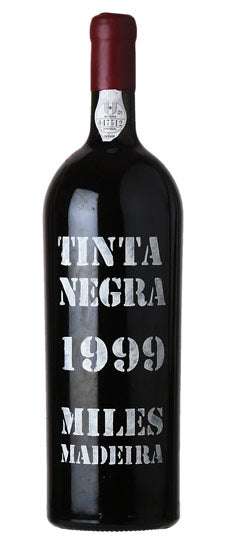 Bottle of Miles Madeira Rich Tinta Negra 1999 fortified wine displaying rich caramel and spice notes