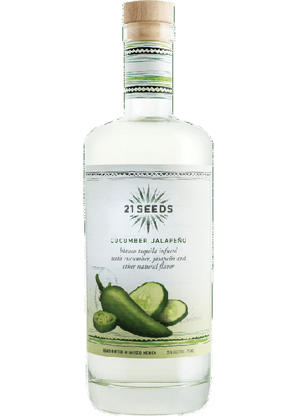 21 Seeds Cucumber Jalapeño Infused Blanco Tequila bottle, featuring natural fruit and botanical infusion.