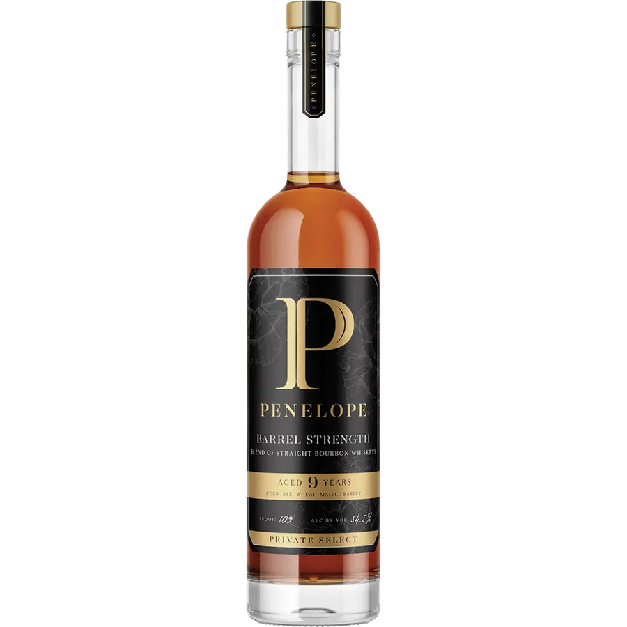 Penelope Bourbon Private Select Barrel Strength Bourbon 750ml bottle with rich amber liquid and elegant label design.