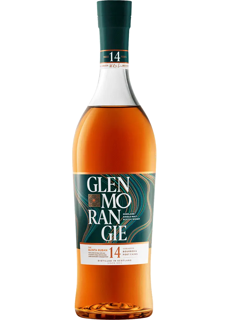Glenmorangie Single Malt Scotch The Quinta Ruban Port Cask Finish 14 Yr 92 750 ML bottle showcasing premium whisky with port cask richness