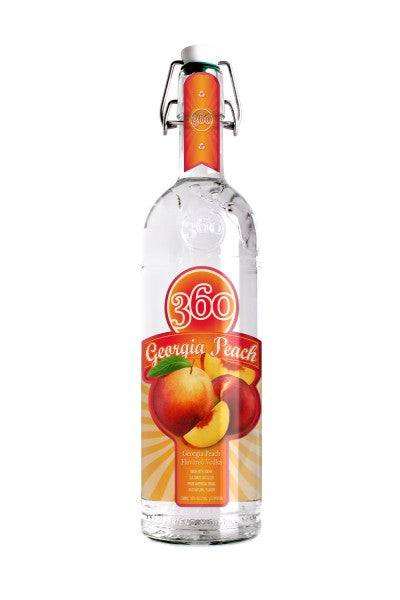 360 Georgia Peach Flavored Vodka 1.75 L bottle with peach label and eco-friendly branding.
