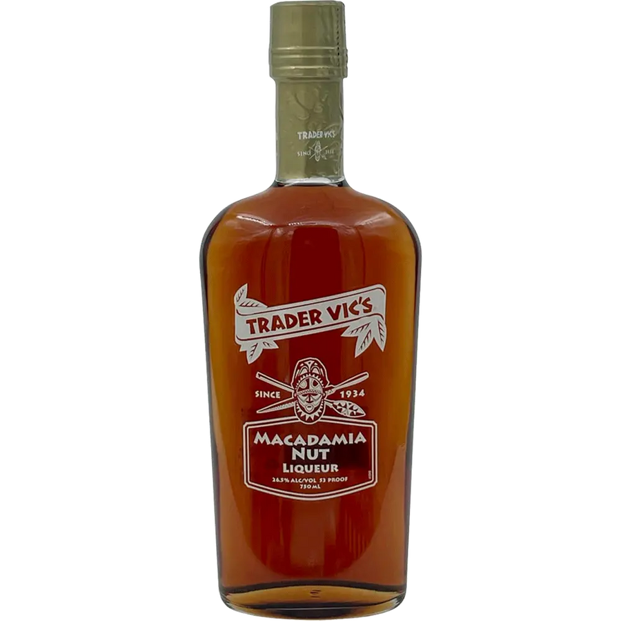 Trader Vics Macadamia Nut Liqueur 750 ML bottle showcasing rich, buttery macadamia nut flavors
