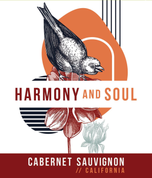 Harmony And Soul Cali Cab wine label featuring bird and floral design.