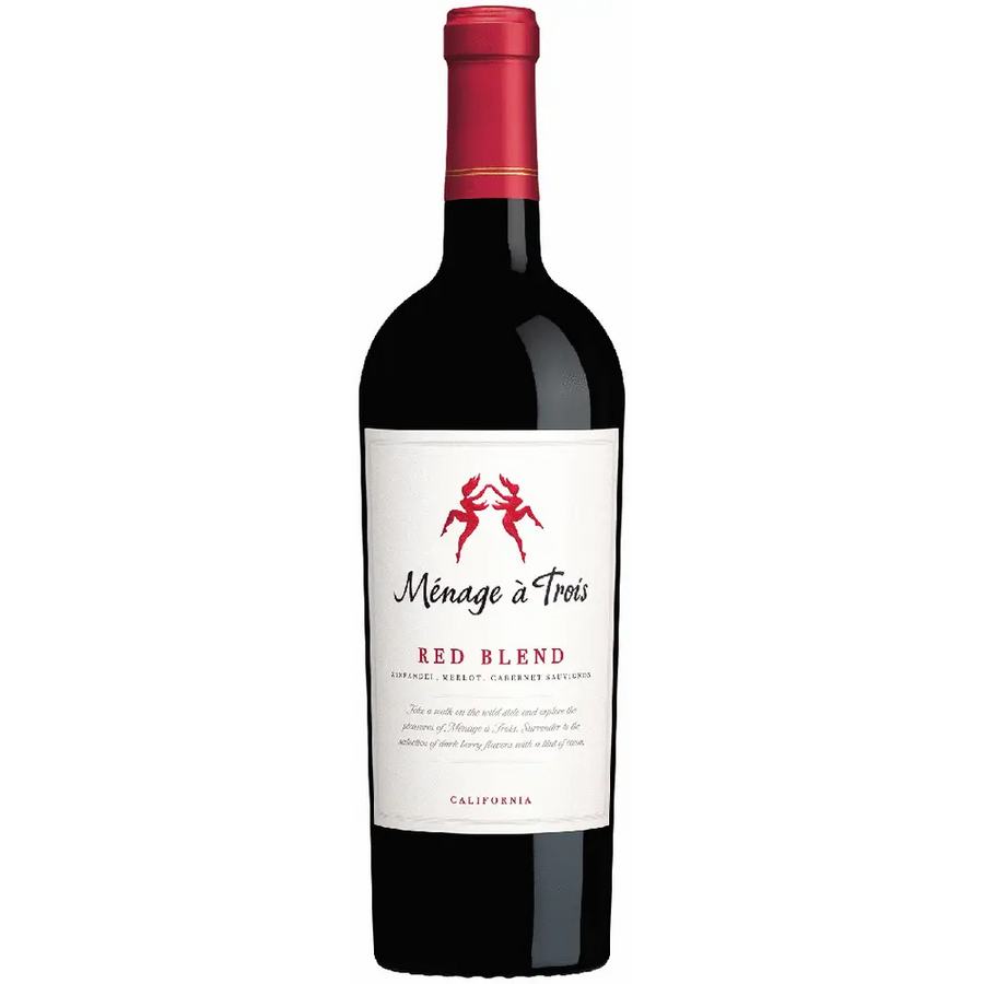 Menage a Trois California Red Wine 750ml bottle with rich red blend and fruit-forward label