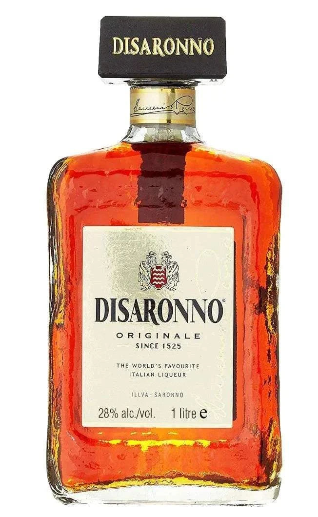 Disaronno Italian Liqueur 750 ML bottle with amber hue and distinctive square design.
