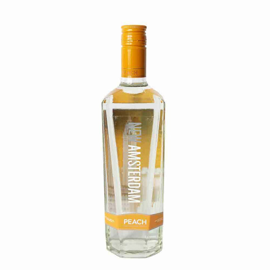 New Amsterdam Peach Vodka 1L bottle with clear liquid and orange cap and label
