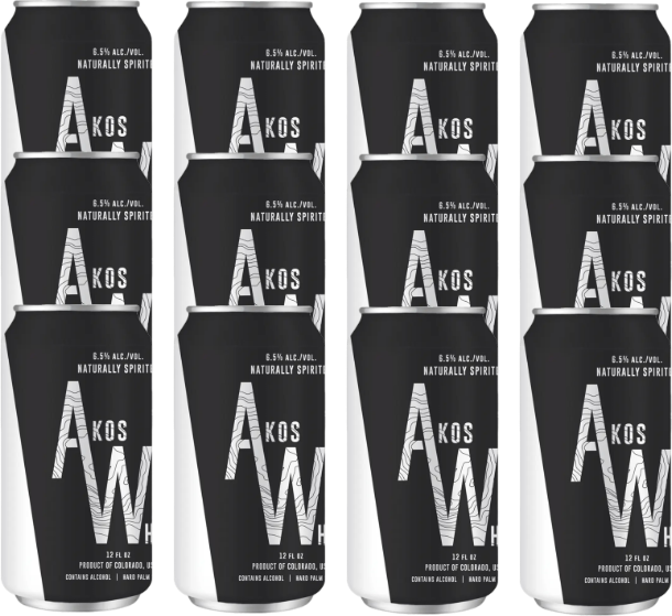 Akos White Seltzer 12oz 12-can combo pack of naturally spirited hard seltzers with 6.5% alcohol, black and white cans.