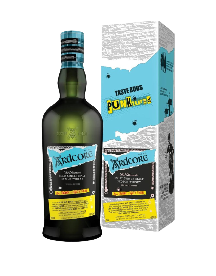 Ardbeg Ardcore Limited Edition 750 ML bottle and packaging with punk-inspired design.