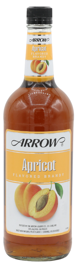 Arrow Apricot Flavored Brandy 1L bottle with peach illustration and black cap