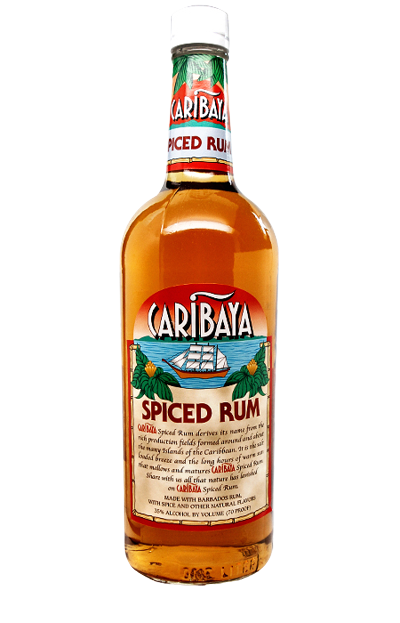 Caribaya Spiced Rum 1L bottle with amber rum and tropical label showcasing a sailing ship and spices