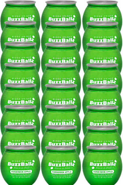 BuzzBallz Forbidden Apple Cocktails 200 ML cans, set of 24, vibrant green packaging.