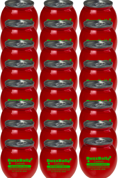 BuzzBallz Watermelon Smash 200 ML cans in a 24-pack display.