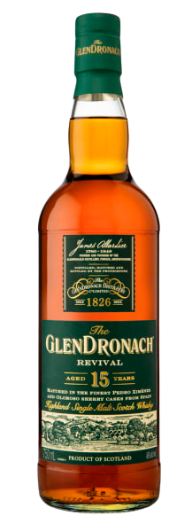 GlenDronach 15 Year Revival single malt Scotch whisky bottle with green label and gold text