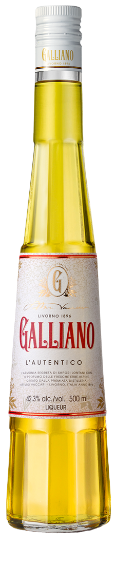 Galliano Lautentico Liqueur tall golden bottle with Italian herbal vanilla blend.