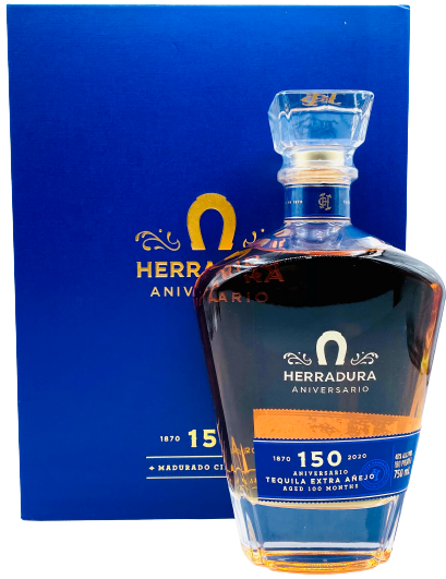 Herradura 150 Aniversario Extra Anejo Tequila bottle with blue box packaging.