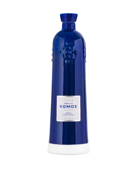 Komos Anejo Cristalino Tequila in blue porcelain bottle, 750ml.
