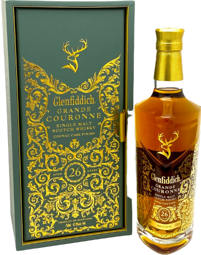 Glenfiddich 26 Year Old Grande Couronne single malt Scotch whisky bottle with ornate green and gold box, 750ml.
