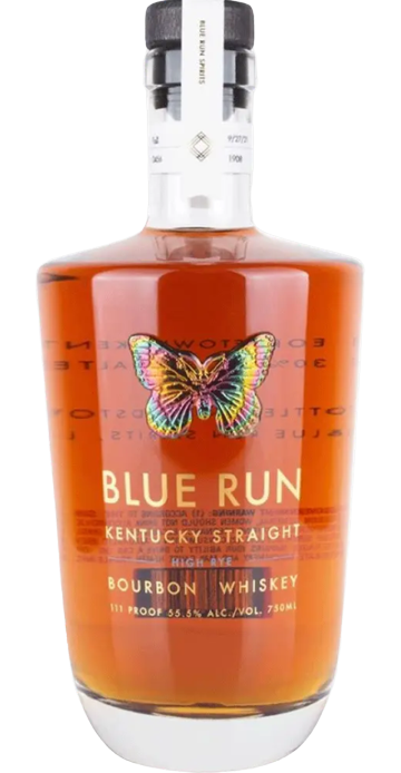 Blue Run High Rye Bourbon Whiskey 750 ML bottle with butterfly label and amber bourbon inside