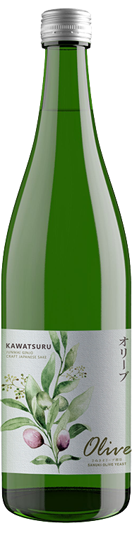 Kawatsuru Sake Brewing Olive Junmai Ginjo 720 ML bottle with a green olive motif on the label.