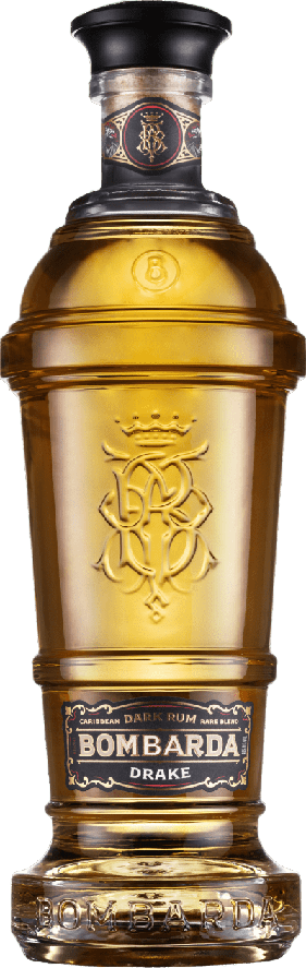 Bombarda Drake Dark Rum 750ml bottle with rich amber color and intricate embossed design
