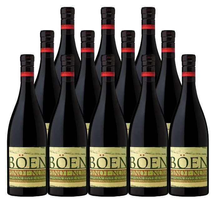 Twelve bottles of Boen Pinot Noir Russian River Valley 2022 wine 750ML with red capsules and vintage labels
