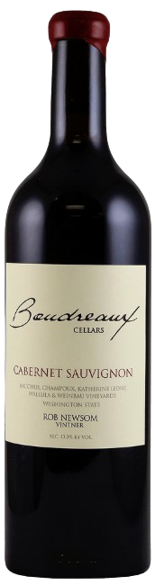 A bottle of Boudreaux Cabernet Sauvignon 2017 wine with a label that includes the brand name, variety, and other details, set against a plain background.