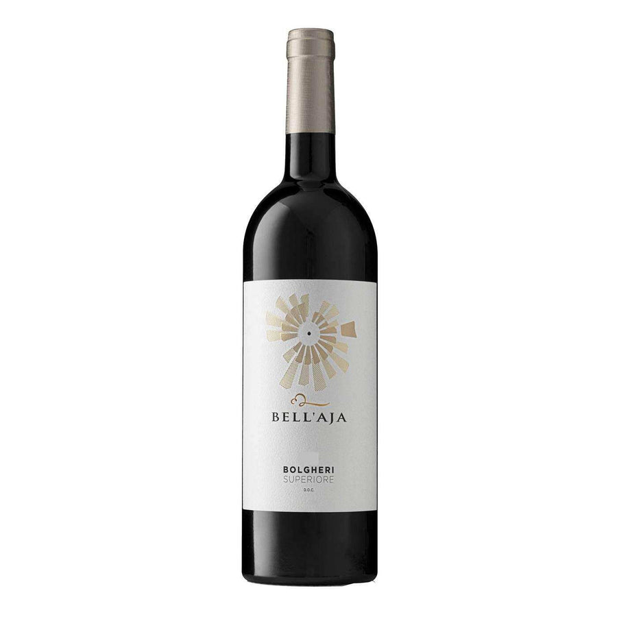 Bell'Aja Bolgheri Superiore 750 ML wine bottle with deep ruby red color.