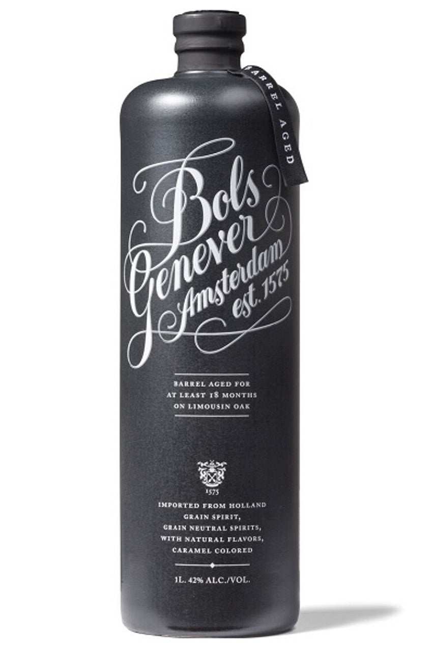 Bols Genever Barrel Aged Genever 1L bottle with black matte finish and elegant white lettering