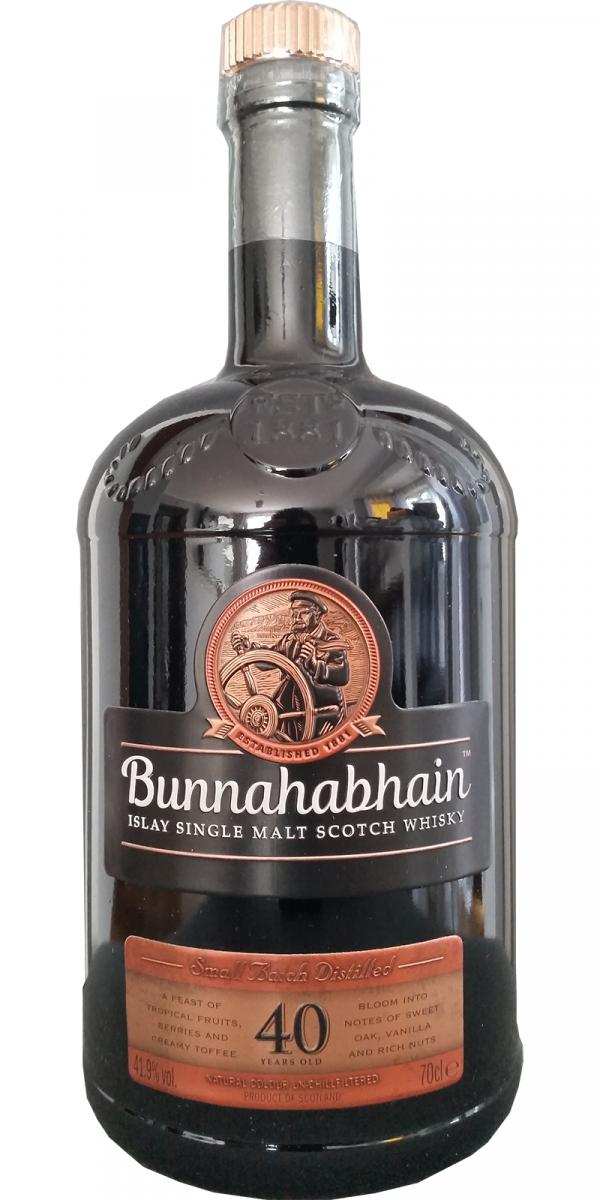 Bunnahabhain Single Malt Scotch 40 Year Small Batch 750ml bottle showcasing aged luxury and rich flavor