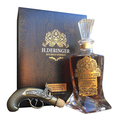 Revolver Bourbon Whiskey 375 ML gift set with two rocks glasses and wooden box.