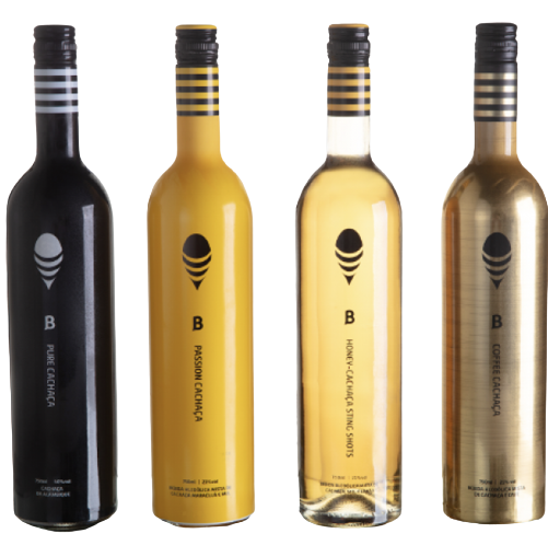 Cachaca B Variety Pack 750 ML with four bottles: Pure, Coffee, Passion, and Honey flavors.