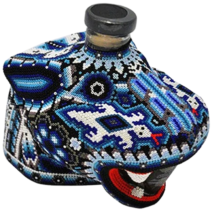Chaquira Beaded Jaguar Blanco 750ml tequila bottle with intricate hand-beaded jaguar design by Huichol artisans