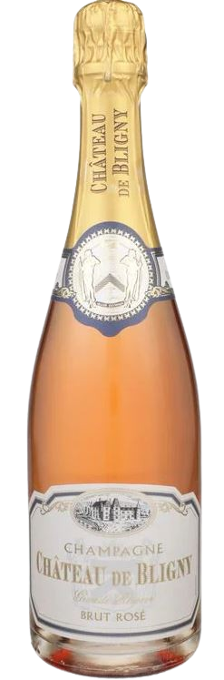 Bottle of Chateau De Bligny Champagne Brut Rose Grande 750 ML with pink hue and bubbles