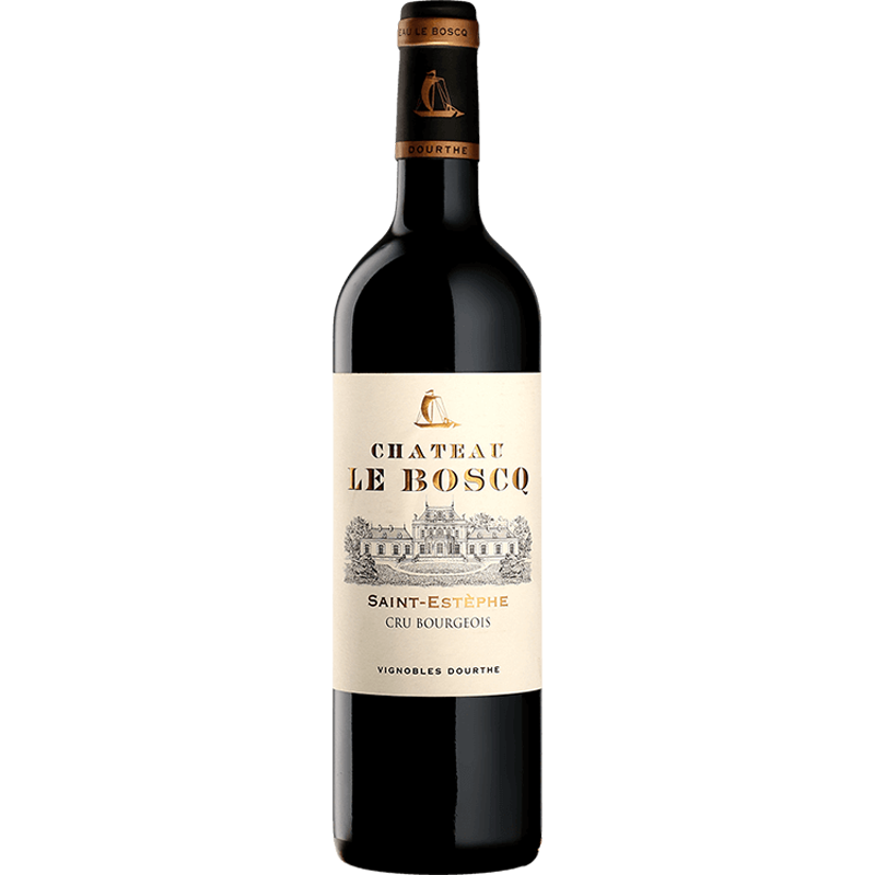Red wine bottle with a visible label on a white background