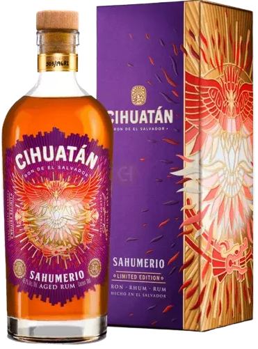 Cihuatan Sahumerio Limited Edition Rum bottle with purple and gold packaging displaying premium Salvadoran aged rum.