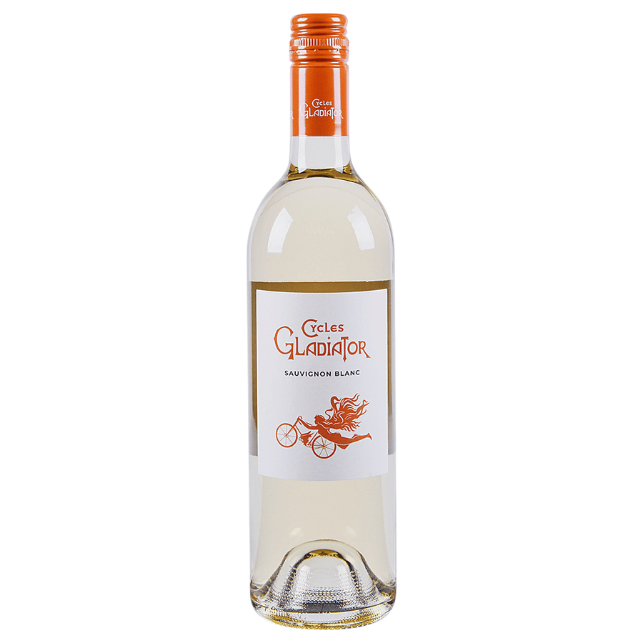 Cycles Gladiator Sauvignon Blanc California 750 ML wine bottle with orange cap and label.