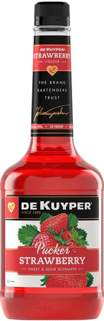 Dekuyper Sour Strawberry Schnapps Pucker 30 750ML bottle with vibrant label showcasing sour strawberry flavor