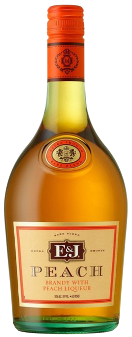 E and J Peach Brandy 750 ML bottle with golden peach brandy and orange cap