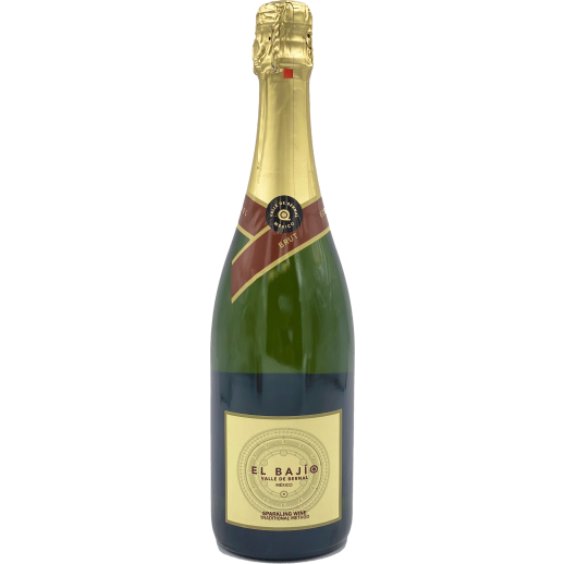 El Bajio Brut Sparkling Wine 750ml bottle with gold foil and beige label showcasing a crisp sparkling wine.