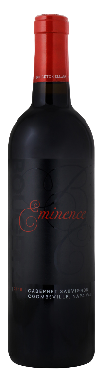 Bottle of Bougetz Eminence Cabernet Sauvignon 2018 750 ML, Napa Valley red wine with elegant label and deep garnet color.