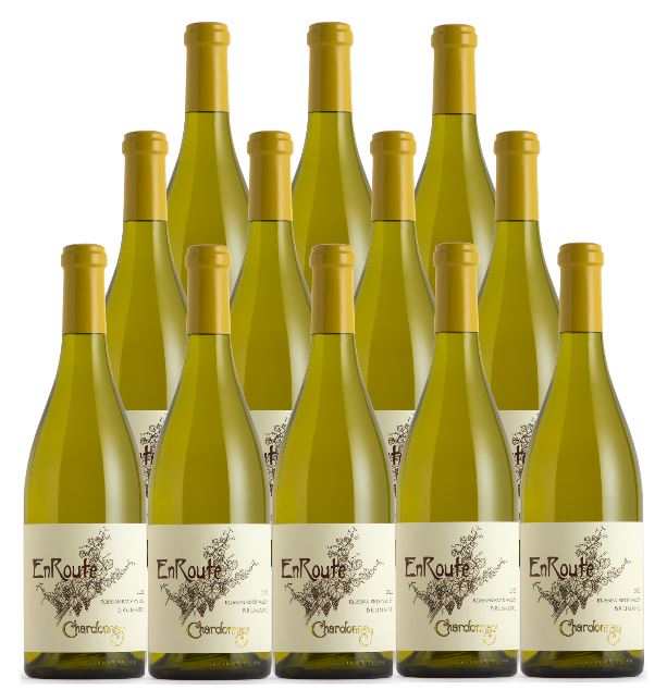 Twelve bottles of Enroute Chardonnay Brumaire 2022 from Russian River Valley with yellow caps and white labeled bottles