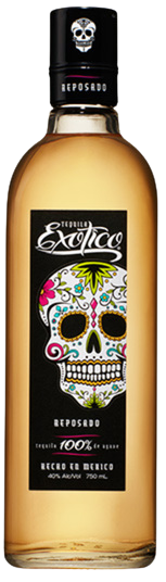 Exotico Tequila Reposado 750ml bottle with vibrant skull label design.