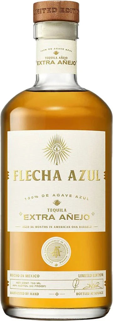 Flecha Azul Extra Anejo Tequila 3 Year aged 750ml bottle with amber liquid and cream label