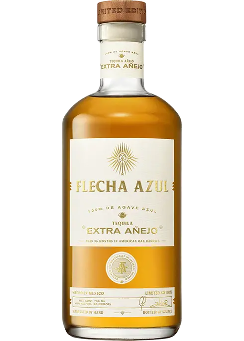 Flecha Azul Extra Anejo Tequila 750 ML bottle aged in bourbon barrels with amber liquid and white label