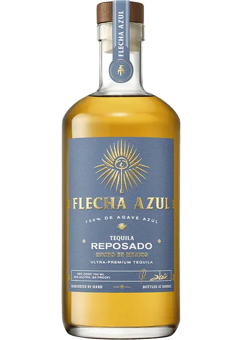 Flecha Azul Reposado Tequila 750ml bottle with blue label and golden tequila inside