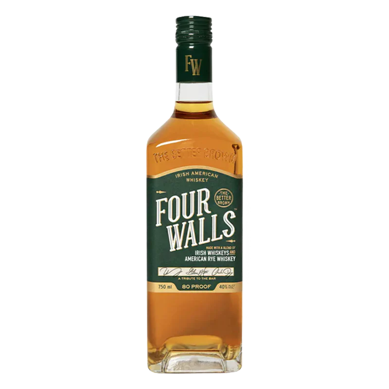 Four Walls Irish American Whiskey 750ml bottle with green label and golden amber liquid inside