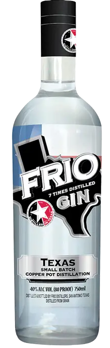 Frio Gin 750 ML bottle with Texas small batch label and black cap